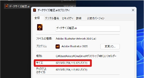 サイズが書かれているウィンドウ
